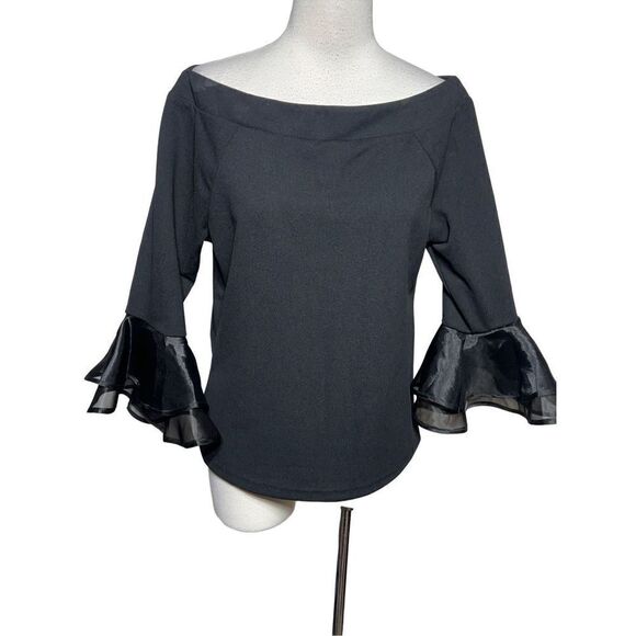 Essentials by Milano Black 3/4 Flutter Sleeve cold Shoulder Blouse M - Picture 1 of 3